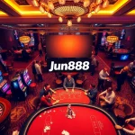 Jun888 players enjoying a luxurious casino atmosphere with poker tables and roulette wheels.