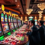 Experience the excitement of a pg slot demo in a luxurious casino environment with vibrant slot machines.