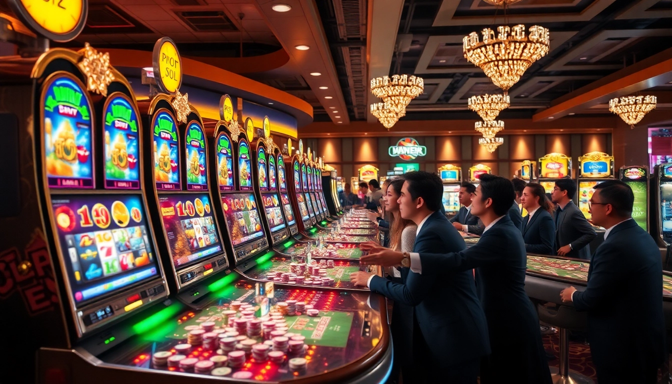Experience the excitement of a pg slot demo in a luxurious casino environment with vibrant slot machines.