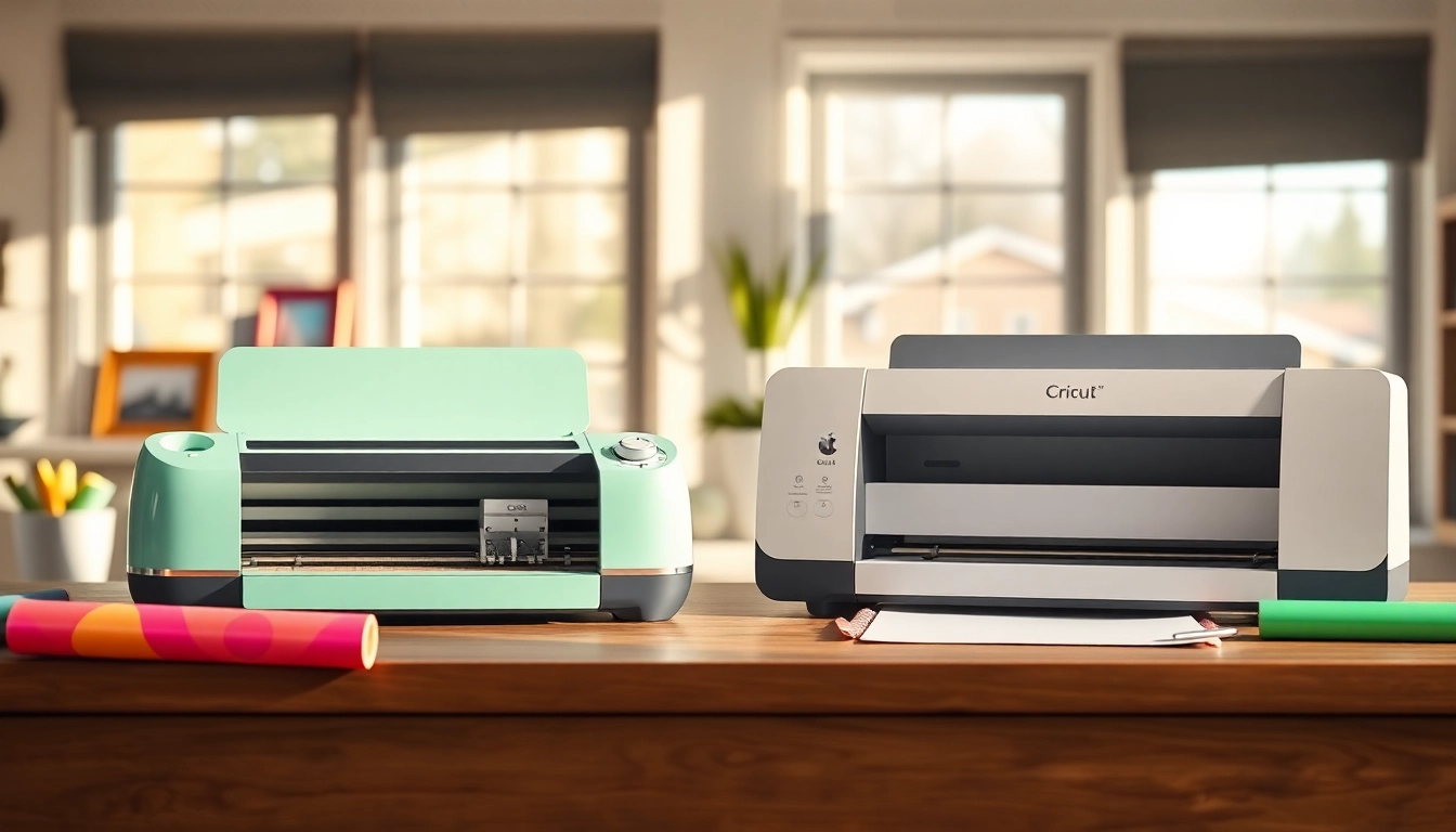 Silhouette vs Cricut comparison in a bright crafting workspace showing both machines with vibrant crafting materials.