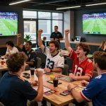 Exciting Thể thao hubet88 sports betting scene with fans cheering in a lively lounge.