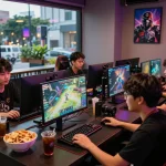 Esports betting Singapore scene in an urban café with gamers cheering during competitive matches.