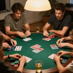 Engaging friends playing NSFW games during a home poker night with vibrant chips and cards
