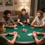 Friends enjoying poker night with colorful dark web links strategy notes on table.
