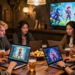 Users engage with Tavern AI in a cozy tavern setting, showcasing interactive character creation and storytelling.