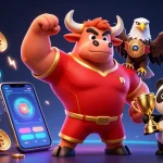 Win678 trang chủ showcases a dynamic casino scene with a cartoon bull mascot celebrating alongside an eagle and panda amidst glowing cryptocurrency elements.