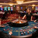 Sunwin roulette action with players placing bets and croupier spinning the wheel in a vibrant casino.
