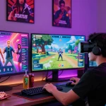 Player engaging with the Status Game in a dynamic virtual reality setup, showcasing colorful gaming interfaces.