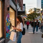 Dynamic urban shopping scene featuring stylish woman at 레플리카 쇼핑몰 storefront.