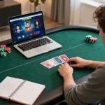 Player engaged in poker on vip99win platform, showcasing vibrant chips and cards in a cozy home setting.