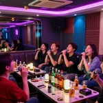 Enjoying 제주유흥 in a lively Jeju karaoke room with vibrant atmosphere and diverse groups