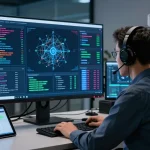 Cybersecurity expert monitoring real-time security analytics at https://shs-dome5.com/ in a modern tech room.