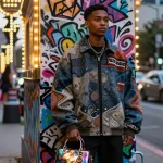 Fashionable individual showcasing 레플리카 clothing against vibrant urban backdrop.