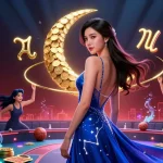 Soi kèo bóng đá scene featuring elegant Asian woman in stunning gown, dynamic sports elements, and vibrant atmosphere.