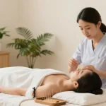 A tranquil treatment scene at 수원한의원, showcasing acupuncture therapy in a serene healing environment.