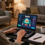 Engaged user playing 92slot online casino game on laptop in cozy home setup.