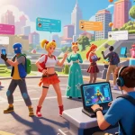 Engaging scene of players in the Status game creating avatars and interacting with AI characters from popular fandoms.