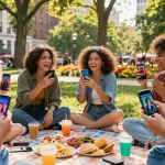 Friends enjoying a game of smash or pass ai in a lively park setting with AI-generated images on their phones.