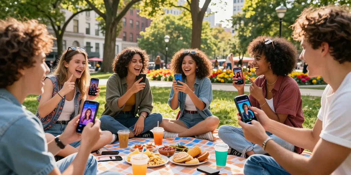 Friends enjoying a game of smash or pass ai in a lively park setting with AI-generated images on their phones.