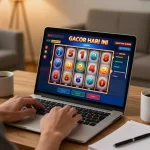 Engaging in slot gacor hari ini gaming on a laptop with vibrant graphics in a cozy living room.