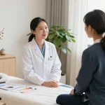 Healing environment at 영통한의원 with practitioner consulting patient on acupuncture treatment.