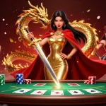 Engage in high-stakes poker action at hi88com with a striking warrior queen and vibrant casino elements.