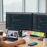 Developer reviewing GB WhatsApp APK features in a modern office workspace