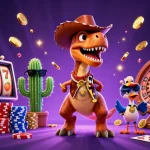 Experience random video chat excitement with vibrant slot machines, cowboy dinosaur characters, and gold coin cascades.