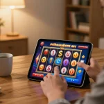 Player enjoying slot online on a tablet in a cozy home environment, showcasing responsible gaming.