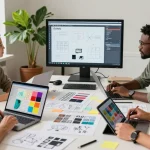 Team collaborating on a mixboard in an inspiring creative workspace, enhancing visual brainstorming.