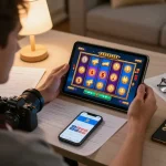 Engaged player at nhà cái fly88 enjoying online slot game on tablet in comfy living room.