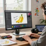 Digital artist using Nano Banana AI image editor in a vibrant creative workspace.
