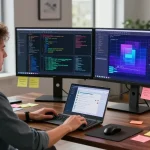 Developer using koboldai on dual monitors in a modern workspace