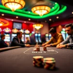 Permainan poker di kasino bbni4d dengan suasana penuh warna dan partisipan yang bersemangat.