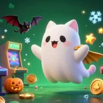 Engage with the dynamic world of 789p vip, featuring a friendly ghost cat and a vampire bat in a vibrant online casino.
