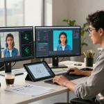 AI image checker analysis in a modern tech workspace with screens and tools.
