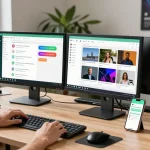 User engaged on WhatsApp電腦版 in a modern workspace with vibrant chat notifications.
