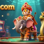 Engage with the thrilling slot experience at Hi77 com, featuring a vivid 3D scene with a maharaja tiger, an elephant, and exciting game elements!