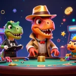 GO8 velociraptor card counter in a vivid casino scene with animated slot reels and lively gaming elements.