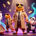 Mansion88 showcases a vibrant 3D scene with raptors in a trench coat attempting VIP entry, surrounded by casino elements.