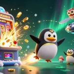 Experience sunwin's vibrant casino world with a golden rocket penguin and jackpot excitement!