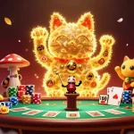 Engage with pola slot gacor as golden fireflies form a lucky cat among vibrant casino elements.
