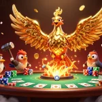Experience online casinos Australia with a fiery molten phoenix and vibrant poker elements.