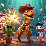 Experience the thrill of winboxmy with a dynamic illustration featuring a T-Rex cowboy, cactus, and casino games.