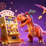 LV88 players enjoying jackpot excitement as a dinosaur celebrates wins with golden coins.