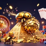 Dhani win games feature animated beetles rolling golden coins amidst a vibrant casino scene.