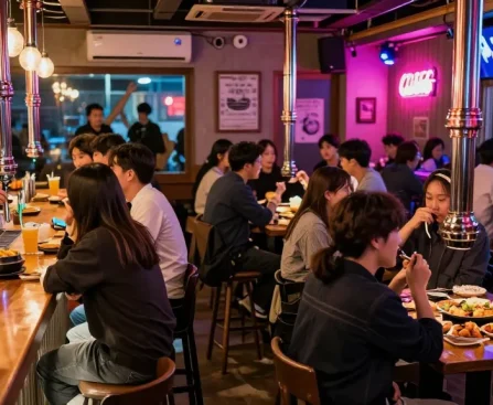 Experience the exciting atmosphere of 상봉동 한국관나이트, with friends enjoying drinks and snacks in a vibrant nightlife setting.