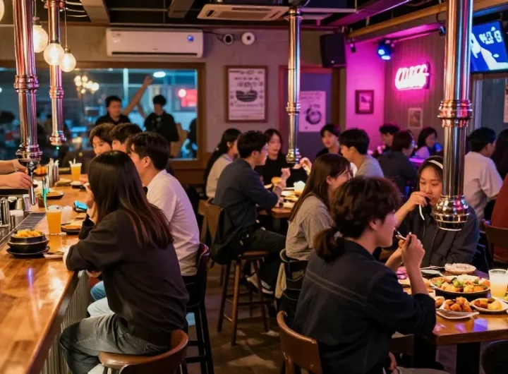 Experience the exciting atmosphere of 상봉동 한국관나이트, with friends enjoying drinks and snacks in a vibrant nightlife setting.