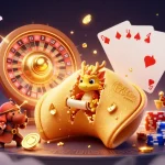 Experience Baccarat formula with a dynamic 3D scene of a golden fortune cookie, wise dragon, and casino elements.
