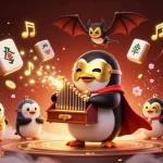 hargatoto captures the excitement of winning with a penguin playing a pipe organ shooting golden coins in a casino.